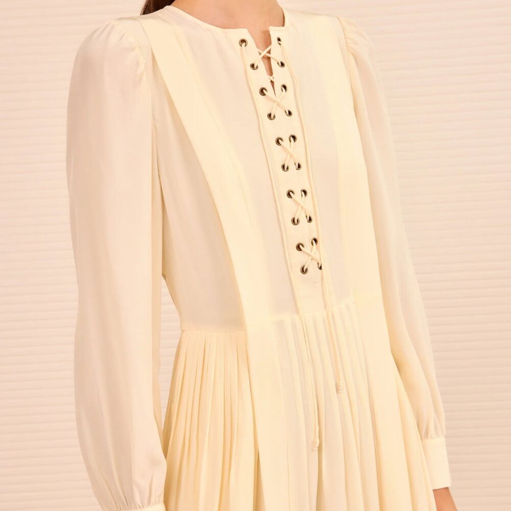 BEST Ulla Johnson Veria Lace Front Midi Dress - Cowrie Cream Silk Lace Up - Picture 3 of 8